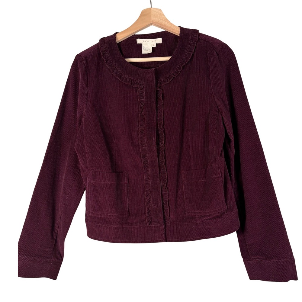 SANDRO Womens Burgundy Corduroy Ruffle Collar Button Front Jacket Size S
